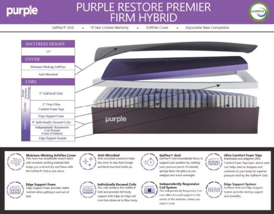 Purple RestorePremier Hybrid Mattress: Unique Feel and Cooling Performance
